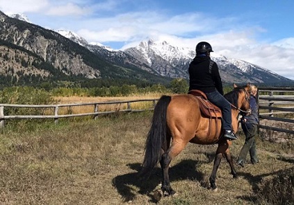 A horse, rider, and guide walk in a paddock, with stunning mountains in the near distance