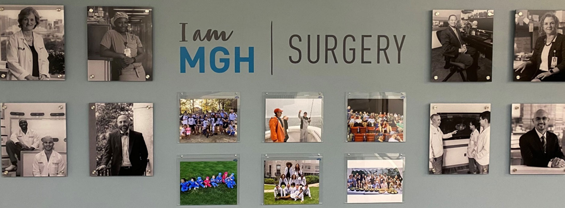 An 'I am MGH Surgery' wall display featuring staff members